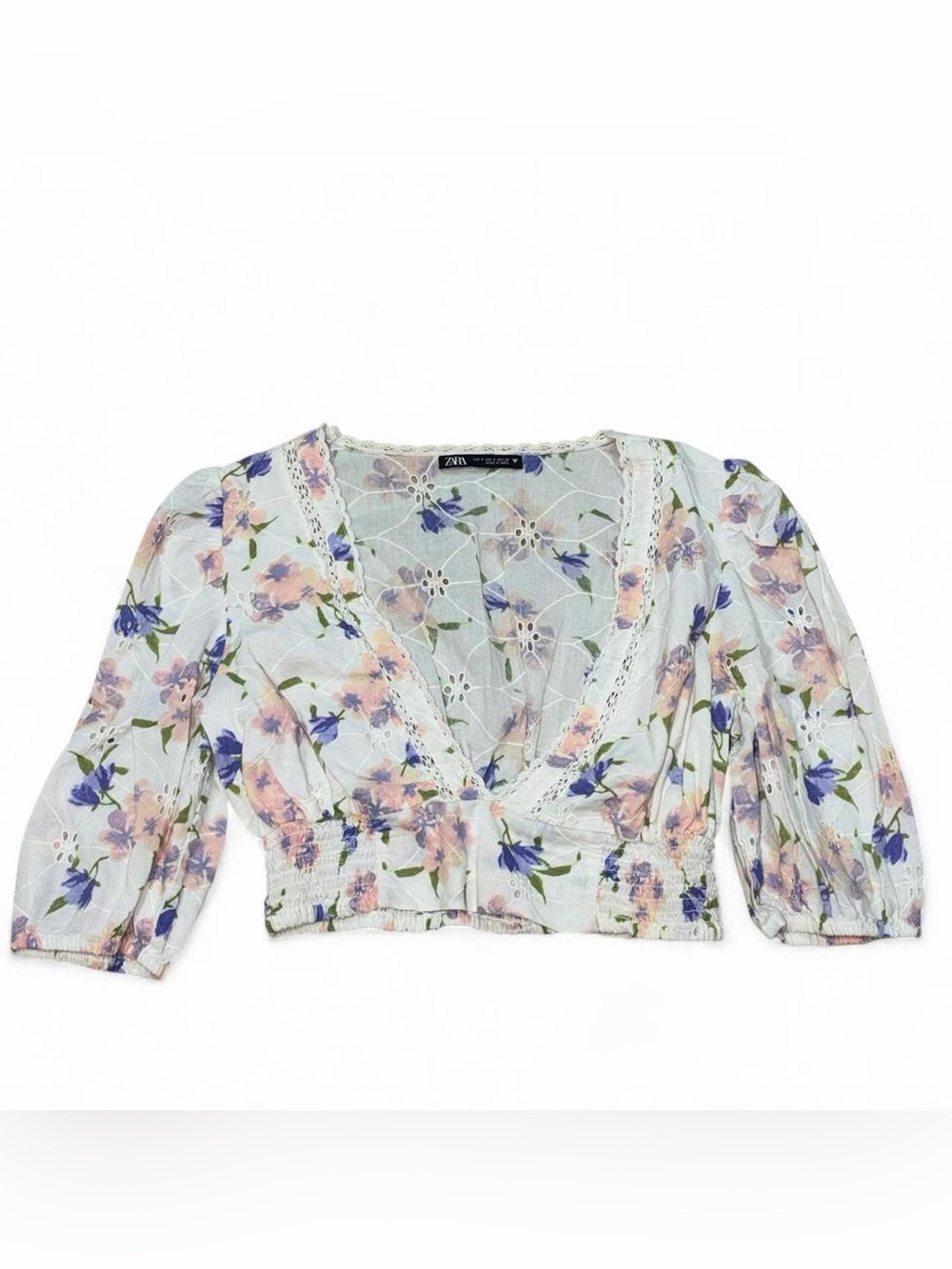 Zara Floral Lace-Trim Cropped Blouse Plunge Neck Line Size Small EUC